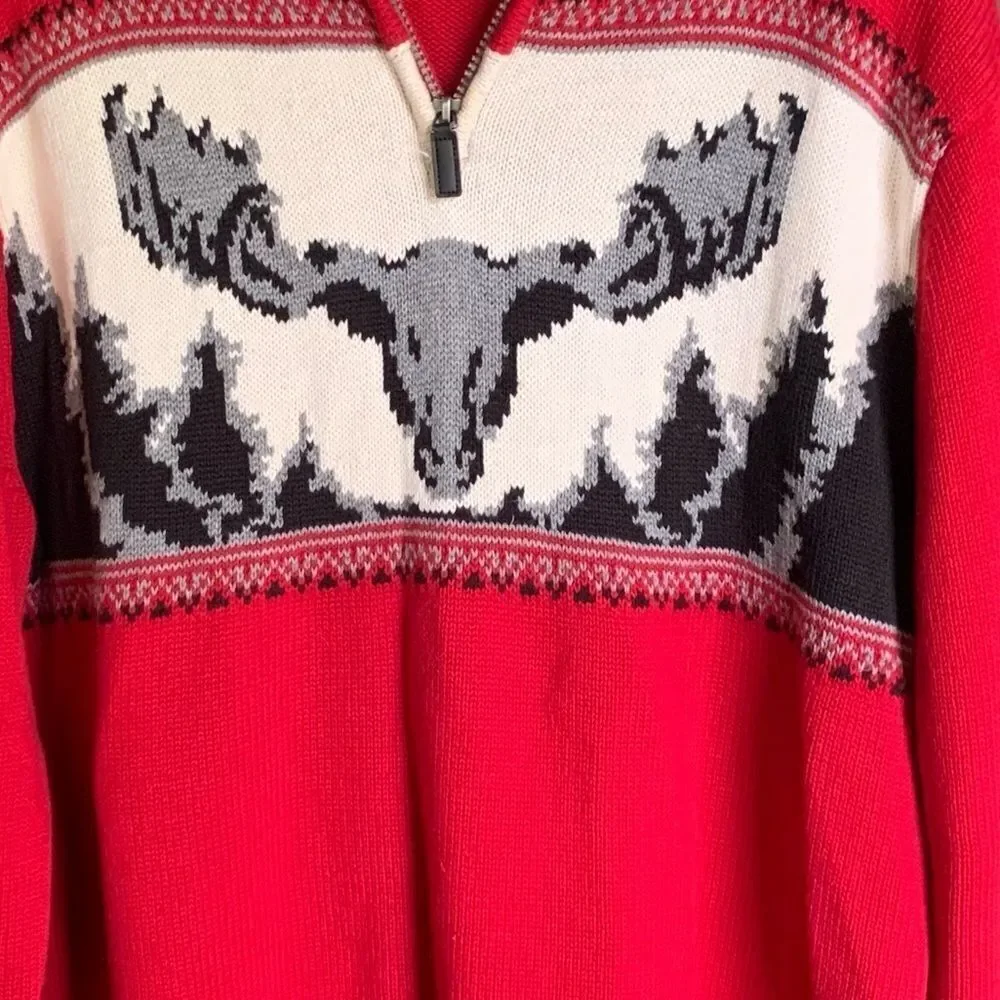 Mens Cabincore Moose Red Cotton Pullover 1/4 Zip Sweater Sz XL